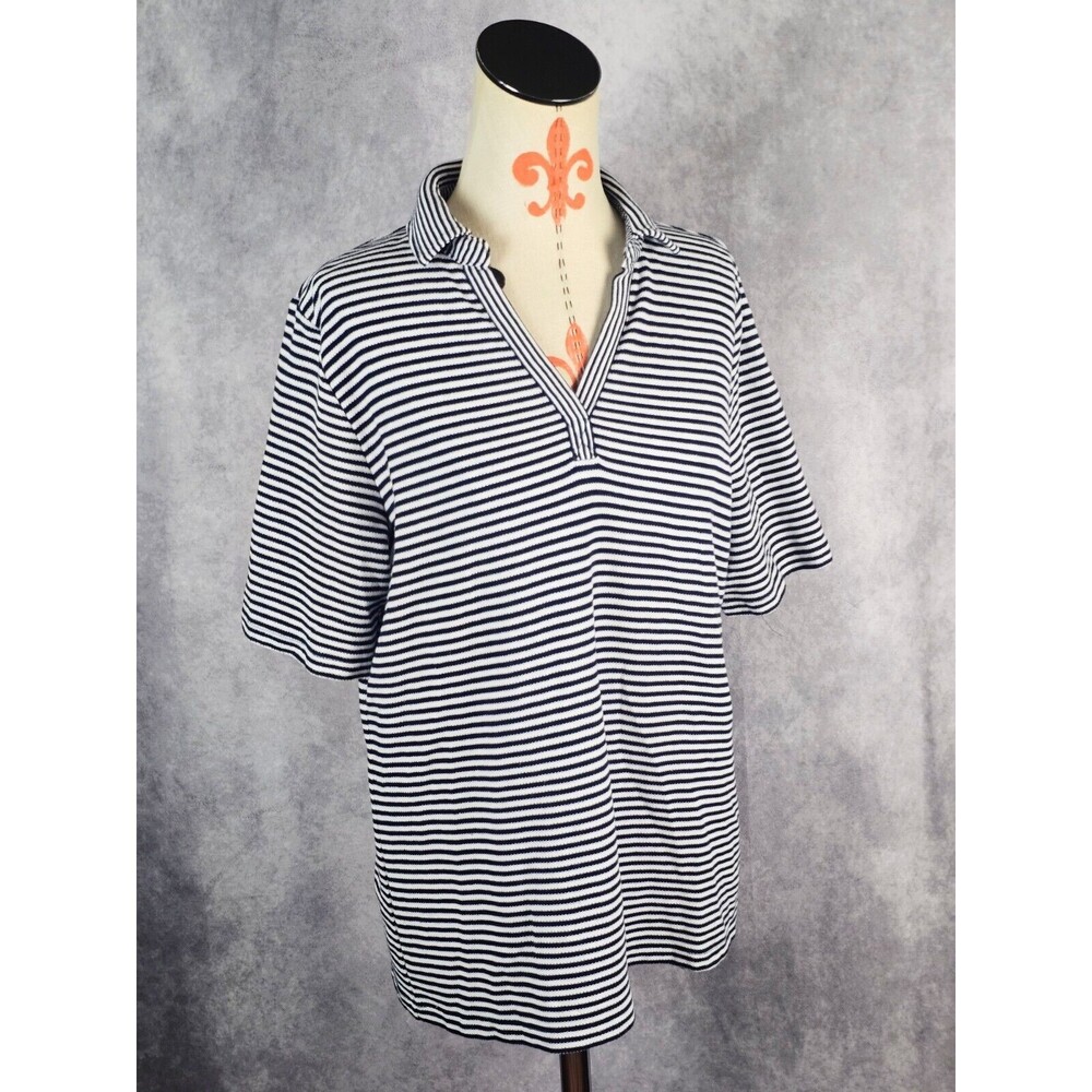 Kim Rogers Womens XL Polo Shirt Short Slv Top Tee Cotton Blend Navy Striped EUC